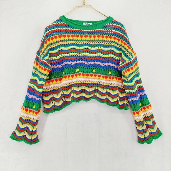 Redberry Sweaters - Redberry Rainbow Colorful Crochet Knitted Sweater P6869